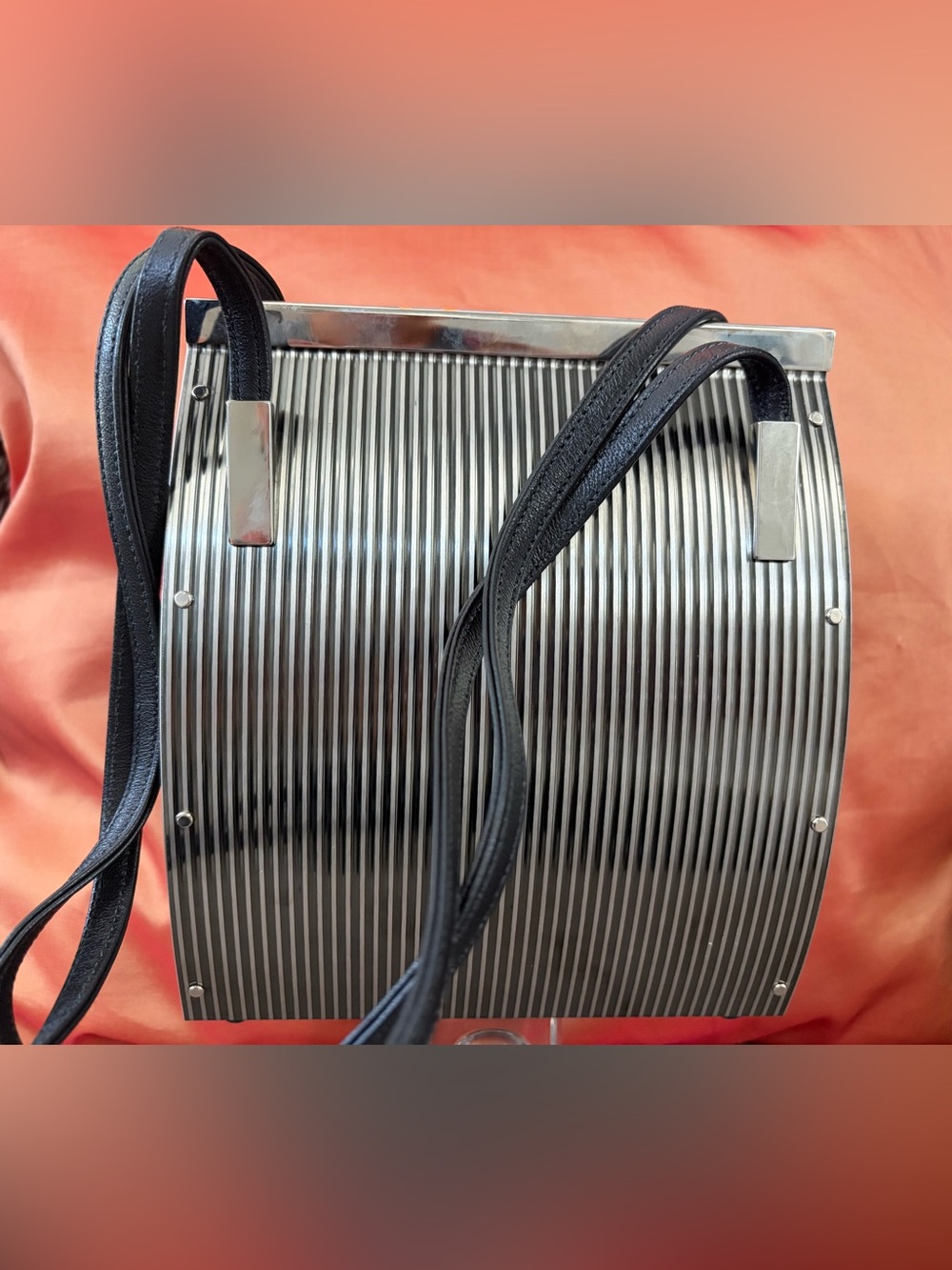 Black Ribbed Cylinder Barrel Handbag with Silver Hardware